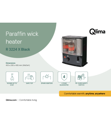 Qlima R 3224 X Black – 2.4 kW Portable Paraffin Wick Heater, 16.8