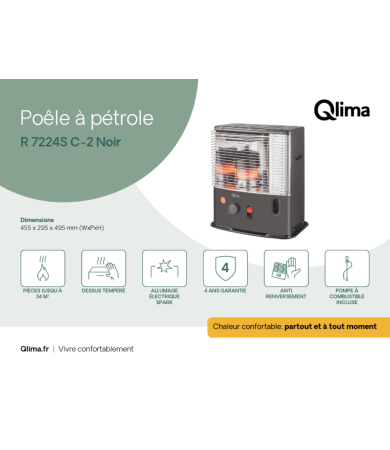 Qlima R 7224S C‑2 Black Kerosene Wick Heater – 2.4 kW Portable Heat